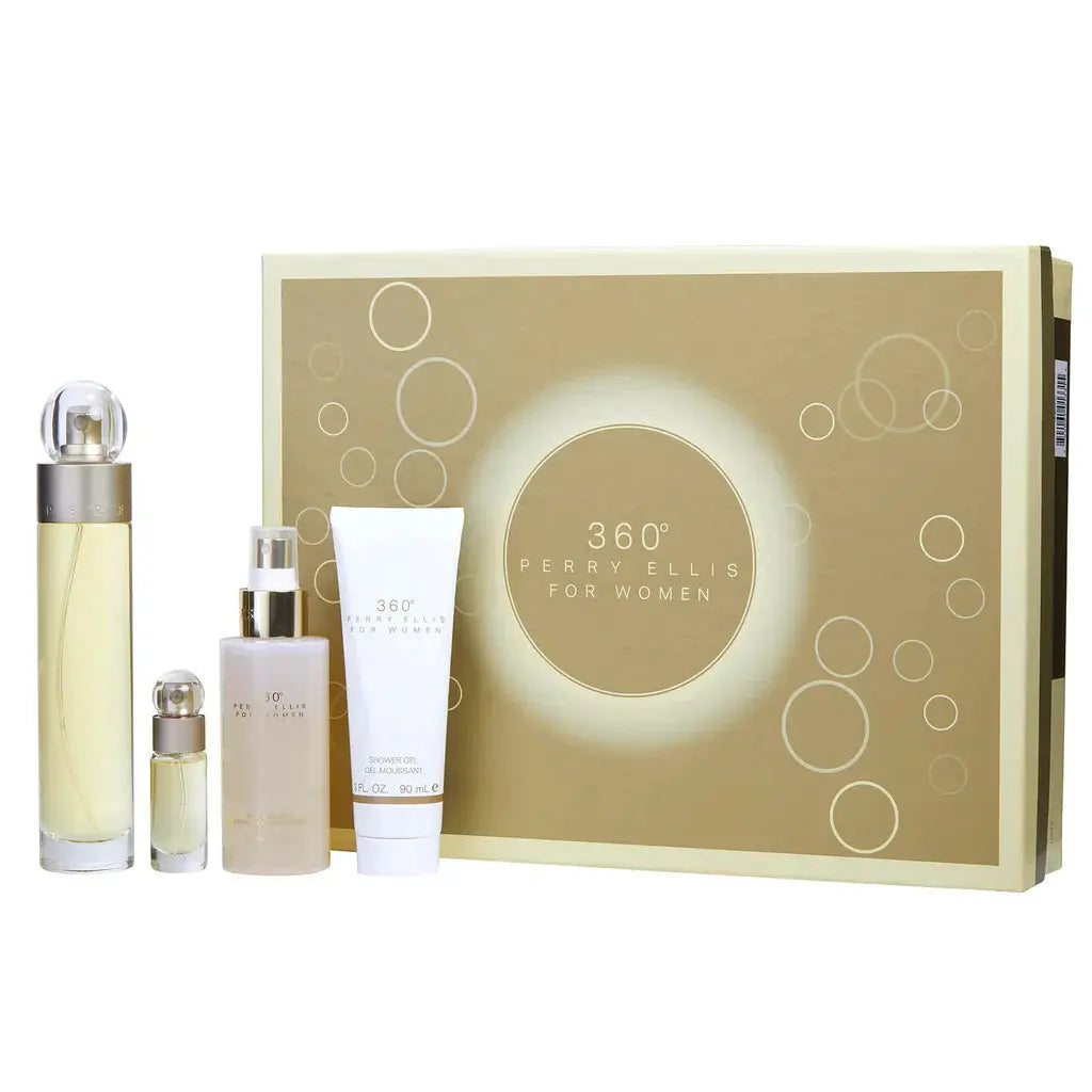 360 by Perry Ellis for Women 4 Piece Gift Set - EDT Spray, Body Mist Spray, Shower Gel Perry Ellis