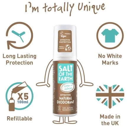 Salt Of The Earth Natural Deodorant Vegan Long Lasting Protection Refillable Leaping Bunny Approved Cloudy Ginger &amp; Jasmine 100ml Unisex