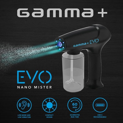 Gamma+ Nano Atomization Evo Nano Mister Spray System Rechargeable USB TYPE-C High Liquid Capacity 340ml 90 Minutes Cordless Running Time For Hair Skin and Surfaces Black