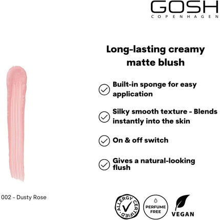 GOSH Cream BLUSH-UP Matte Blush Stick for Defined Facial Features and Smooth Blending Liquid Blush with Built-in Sponge On-the-Go Perfume Free Allergy-Certified Vegan 002 Dusty Rose