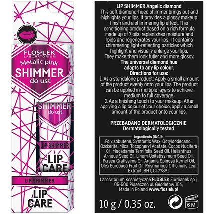 FLOSLEK Lip Shimmer Gloss Metallic Pink 10g Full and Shiny Effect Contains 7 Natural Oils Argan Oil Avocado and Rosemary Moisturizing Glitter Diamond Lipstick with 3D Effect Glamor Style