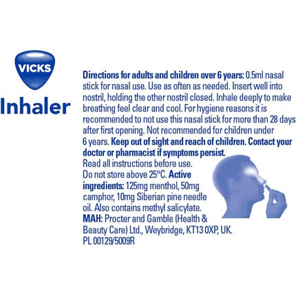 Vicks Inhaler For Cold and Cough Fast Relief from a Stuffy Nose Decongestant for Blocked Nose with Menthol Camphor and Pine Needle Oil for Adults and Children Over 6 Years 1 Count Sinex Micromist Vicks