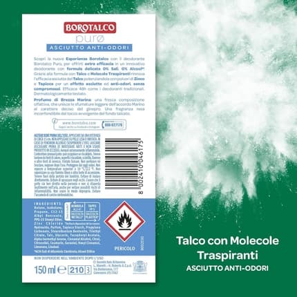 Borotalco Deodorant Pure Sea Breeze with Talc and Breathable Molecules Alcohol and Aluminum-Free Dry and Odor-Blocking 48h Effectiveness Sea Scent Déodorant (Déo) Mixte