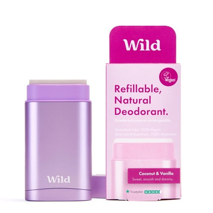 Wild Natural Refillable Deodorant Vegan Eco-Friendly Aluminum Free Long Lasting Protection 100% Natural Ingredients Starter Kit Purple Case Coconut Vanilla Refill 1.4oz Wild