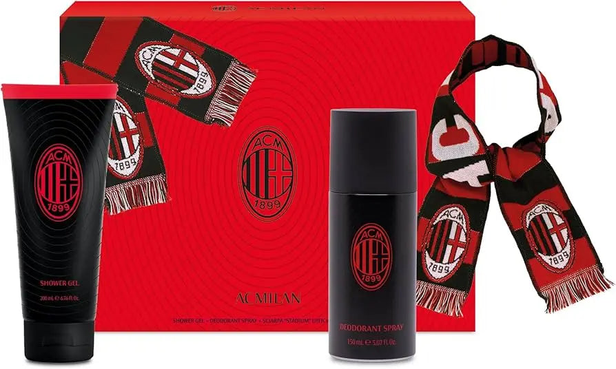 AC Milan Coffret Deodorant 150ml Shower Gel 200ml Official Scarf Woody Spicy Fragrance Sporty Intense Parfum  Cedarwood Musk Amber Scent Male Body Skin Care Combo A.C. Milan