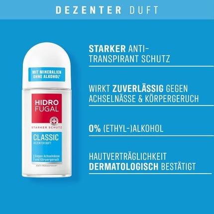 Hidrofugal CLASSIC Roll-on Strong Antiperspirant Protection with Minerals and Subtle Scent Deodorant without Ethyl Alcohol for Reliable Protection 50ml Fragrance-Free 53ml Hidrofugal