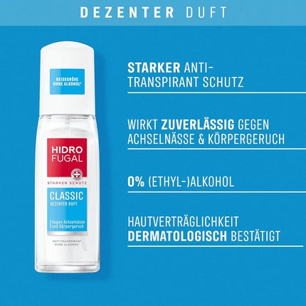 Hidrofugal CLASSIC Spray Strong Antiperspirant Protection with Minerals and Subtle Scent Deodorant without Ethyl Alcohol for Reliable Protection 75ml Mild 81ml Hidrofugal