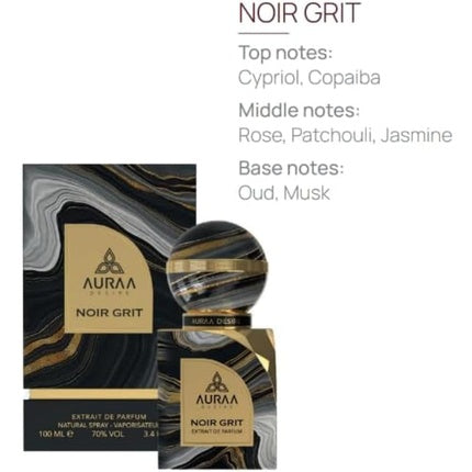 Noir Grit Extrait de Parfum 100ml by Auraa Desire Luxury Unisex Oriental Fragrance with Cypriol Copaiba Rose Patchouli Jasmine Oud and Musk Long-Lasting Sophisticated Scent Auraa Desire