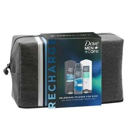 Dove Recharge Gift Set with Clean Comfort + Sensitive Shower Gel, Antiperspirant Deodorant Spray, and a Toiletry Bag 2 x 250ml + 150ml Dove