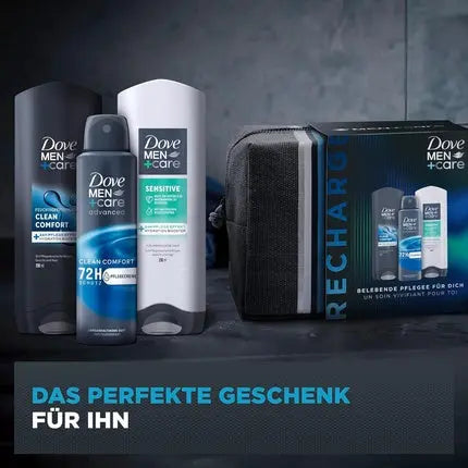 Dove Recharge Gift Set with Clean Comfort + Sensitive Shower Gel, Antiperspirant Deodorant Spray, and a Toiletry Bag 2 x 250ml + 150ml Dove