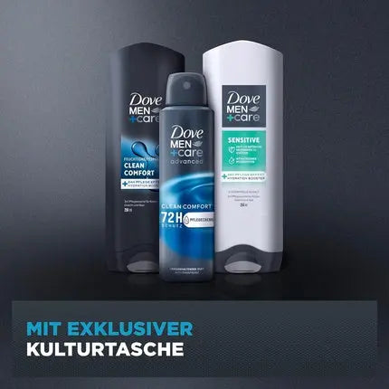 Dove Recharge Gift Set with Clean Comfort + Sensitive Shower Gel, Antiperspirant Deodorant Spray, and a Toiletry Bag 2 x 250ml + 150ml Dove