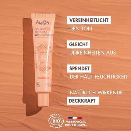 Melvita BB Cream Source de Roses Gold 100% Natural Pigments Certified Organic Silicone-Free Natural Coverage 6-in-1 40ml