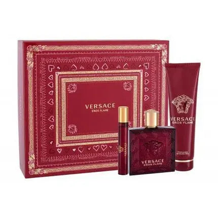 VERSACE Eros Flame 3 Piece Gift Set 3.4oz EDT Spray 5oz S/G 0.33oz EDT Versace