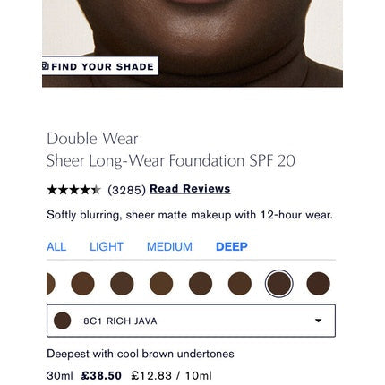 Estee Lauder Double Wear Sheer Long-Wear Makeup SPF20 30ml in 8C1 Rich Java - New