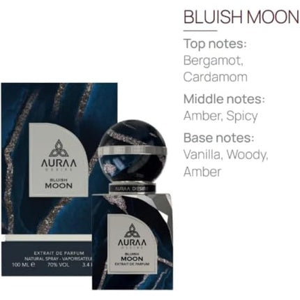 Bluish Moon Extrait de Parfum 100ml by Auraa Desire Luxury Unisex Woody Oriental Fragrance with Bergamot, Cardamom, Amber, Vanilla, and Woody Notes Long-Lasting Perfume Auraa Desire
