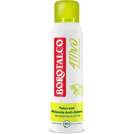 Italian Gourmet Borotalco Yellow Active Deodorant Formula without Alcohol and Talc with Anti-Odor Molecules 48 Hours Effectiveness Cedar and Lime Scent Déodorant (Déo) Mixte 150ml