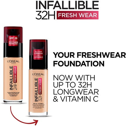 L'Oréal Paris Infallible 32H Fresh Wear Foundation Full Coverage Weightless Smooth Finish with Vitamin C and SPF 25 30ml - Hazelnut