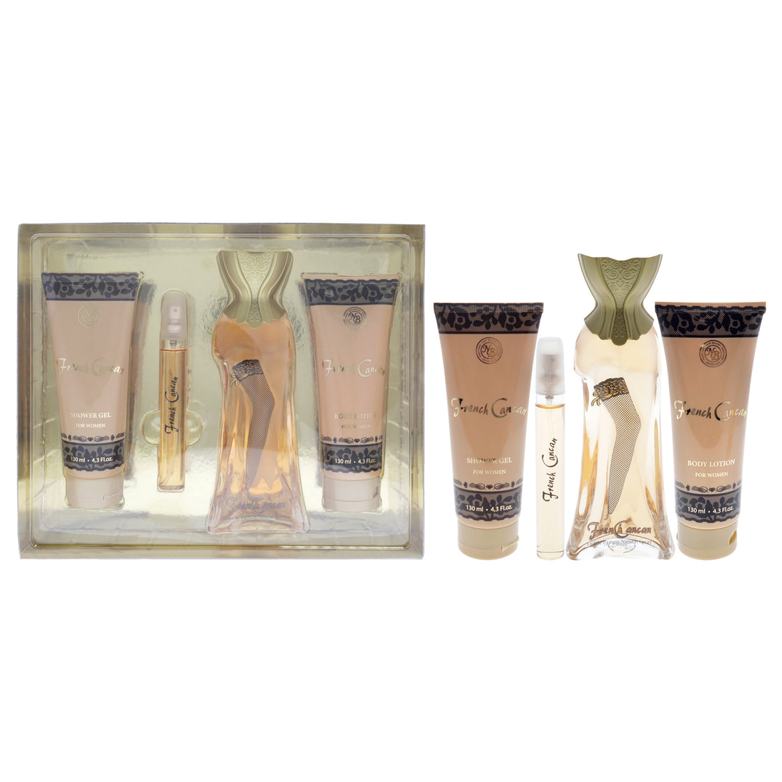 French Cancan par New Brand Femme 4 Piece Gift Set 3.4oz Eau de parfum  Spray 0.5oz Eau de parfum  Spray 4.3oz Shower Gel 4.3oz Body Lotion