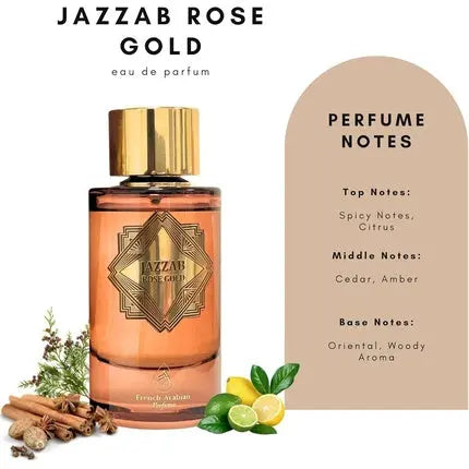 Jazzab Rose Gold Arab Perfume 100ml Rose Woody Amber Oud Eau De Parfum Fresh Scent Spray for Women French Arabian Perfumes