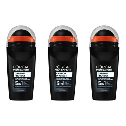 L'Oréal Men Expert Deodorant for Men 5-in-1 Deodorant Roll-On Against Odor, Wetness, Bacteria, and White Residue for up to 48 Hours Freshness Carbon Protect 50ml L'Oréal