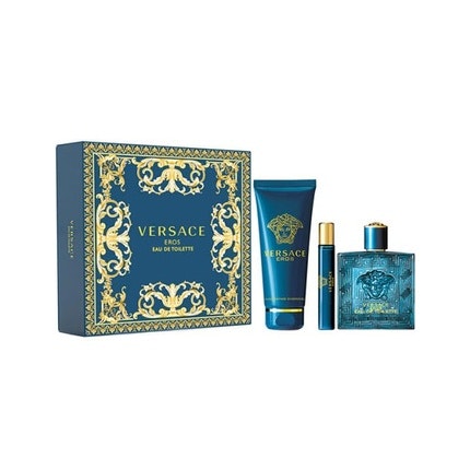 Versace  Eros Men's 3 Piece Gift Set: 3.4 Ounce Eau de toilette  + 5 Ounce Versace  Shower Gel + Mini Eros 0.33 Ounce - Hard Box Versace