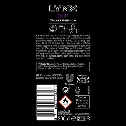 Lynx XL Excite 4 Him 200ml Deodorant Body Spray Axe/Lynx