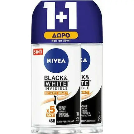 Nivea Black & White Invisible Ultimate Impact 5 In 1 Women's Roll-On Deodorant - 2x50ml Nivea