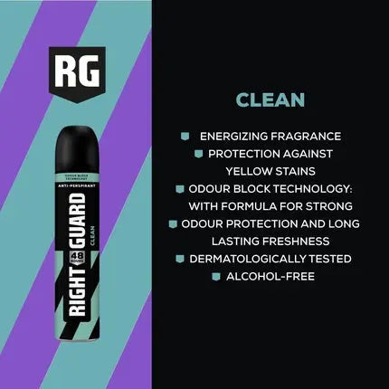 Right Guard Men's Deodorant Clean 48 Hour High Performance Anti-Perspirant Aerosol Spray No White Residue Alcohol Free Dermologically Tested 250ml Right Guard