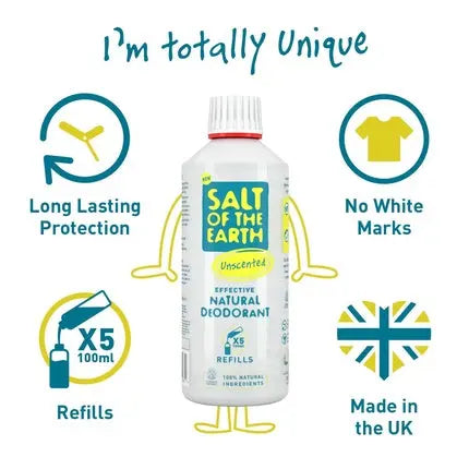 Salt Of The Earth Natural Refillable Deodorant Spray Unscented Vegan Long-Lasting Protection - 500ml Salt Of The Earth