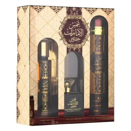 Shams Al Emarat Khususi Gift Set 100ml Eau de Parfum Room Spray Body Spray Ard Al Zaafaran