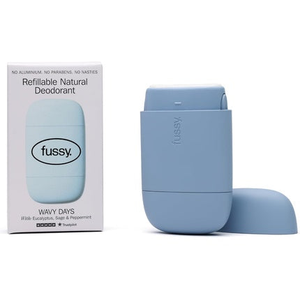 Fussy Natural Refillable Deodorant Aluminium Free 24 Hour Protection Mint Scent Ocean Blue Case Peppermint Eucalyptus Sage Vegan Cruelty Free 100% Natural Effective Fussy