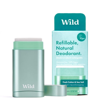 Wild Natural Refillable Deodorant Vegan Eco-Friendly Aluminum Free Long Lasting Protection 100% Natural Ingredients Starter Kit Aqua Case Fresh Cotton Sea Salt Refill 1.4oz 5.11 Ounce Wild