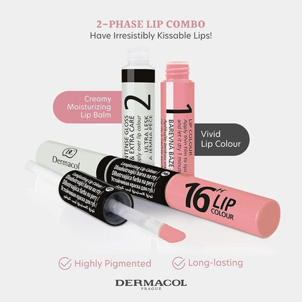 Dermacol 16-Hour Lip Colour Highly Pigmented Glossy Lip Stain Two-Phase Lip Plumper Gloss Kissproof Lip Makeup Products Matte and Glitter Finish No.1 Nude Pink Lipstick 7.1mL