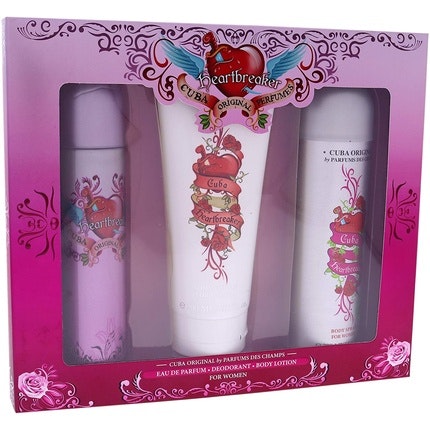 Cuba Cuba Heartbreaker pour femme  3 Piece Coffret 3.3oz, 1oz équivaut à 30ml Eau de parfum  Spray 6.7oz, 1oz équivaut à 30ml Body Spray 4.3oz, 1oz équivaut à 30ml Body Lotion 422.90ml Cuba