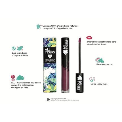 ALL TIGERS Feel The Power 980 Matt Vegan and Natural Liquid Lipstick - Long Lasting - Violet Color - Petroleum - Free with Organic Ingredients - Maison des fragrances
