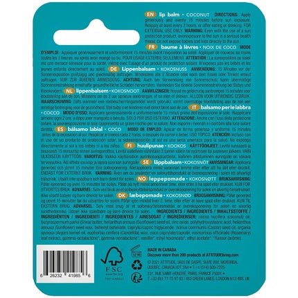 ATTITUDE Lip Balm SPF 15 Plastic - Free Waterless Vegan Sun Care Coconut 8.5g - Maison des fragrances