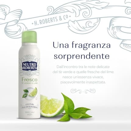 Neutro Roberts Deodorant Fresh Green Green Tea and Lime Aluminum-Free Stain-Free with Pure Glycerin Oil Deodorant and Dermatologically Tested 48h Green Tea and Lime Déodorant (Déo) Femme 150ml