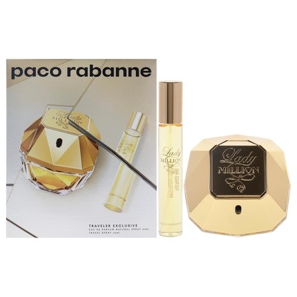 Paco Rabanne Lady Million pour femme  2 Pc Coffret 2.7oz, 1oz équivaut à 30ml Eau de parfum  Spray 0.68oz, 1oz équivaut à 30ml Eau de parfum  Travel Spray Paco Rabanne