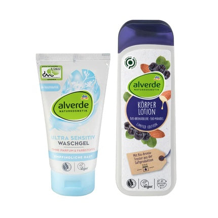 Alverde NATURKOSMETIK Body Care Set: ULTRA SENSITIVE Cleansing Gel for Sensitive Skin without Perfume & Dyes 150ml, BIO-ARONIABERRY BIO-ALMOND Body Lotion 250ml Alverde