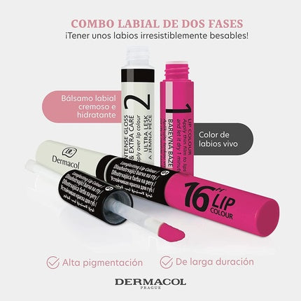 Dermacol 16-Hour Lip Color High-Pigment Glossy Lipstick with Two-Phase Lip Gloss Lip Makeup Products with Matte and Glitter Finish 7.1mL - No. 8 Raspberry Pink