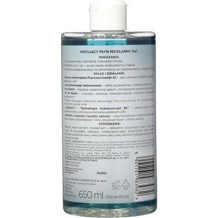 Eveline Cosmetics Facemed Mattifying 3 - in - 1 Micellar Liquid 650ml - Maison des fragrances