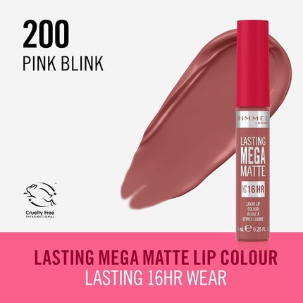 Rimmel London Lasting Mega Matte Liquid Lipstick Long-Lasting Hydrating Vegan Formula 7.4ml 200 Pink Blink