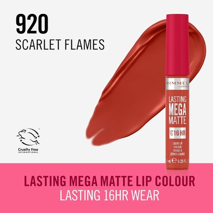 Rimmel London Lasting Mega Matte Liquid Lipstick Long-Lasting Hydrating Vegan Formula 7.4ml 920 Scarlet Flames