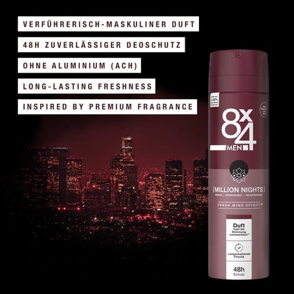 8X4 Men Million Nights Deodorant Spray with Oriental Fragrance Notes Aluminum-Free Deodorant with 48h Protection 150ml 8x4