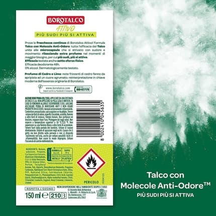 Italian Gourmet Borotalco Yellow Active Deodorant Formula without Alcohol and Talc with Anti-Odor Molecules 48 Hours Effectiveness Cedar and Lime Scent Déodorant (Déo) Mixte 150ml