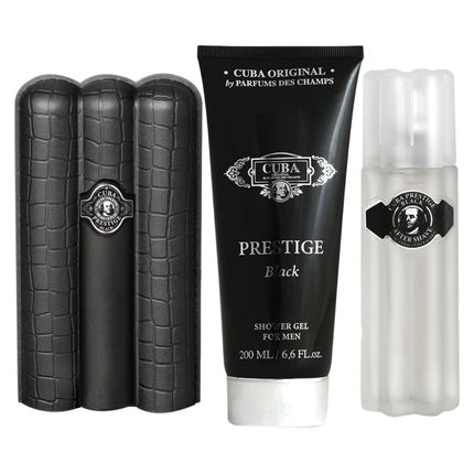 Cuba Prestige Black Fragrance for Men Gift Set - 3.0oz Eau De Toilette Spray, 3.4oz Aftershave, 6.8oz Shower Gel Cuba Original By Parfums Des