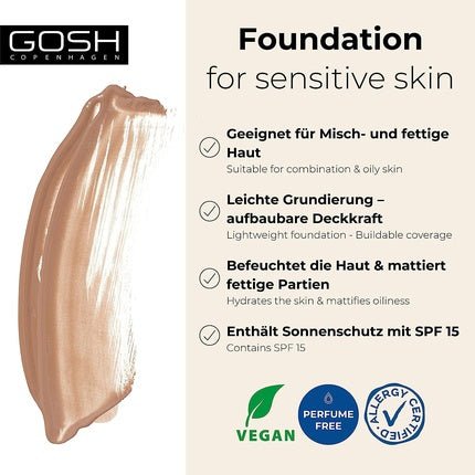 GOSH Foundation with SPF 15 for Light and Dark Skin Vegan Mattifying Makeup for Dry, Sensitive and Oily Skin - 014N - Maison des fragrances