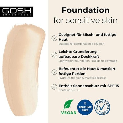 GOSH Foundation with SPF 15 for Light & Dark Skin Vegan Mattifying Makeup for Dry, Sensitive & Oily Skin Smudge and Sweat Resistant Oil - Free Adjustable Coverage No Mask Effect 004Y - Maison des fragrances