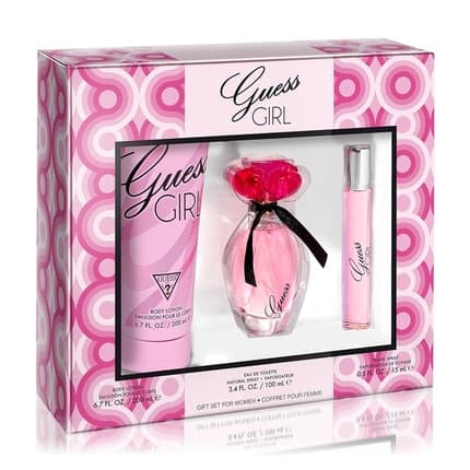 GUESS Girl Eau de Toilette Perfume Spray 3.4 Fl. Oz., Travel Spray 0.5 Fl. Oz., & Body Lotion 6.7 Fl. Oz. - Maison des fragrances