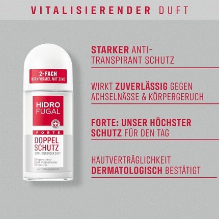 Hidrofugal FORTE DOUBLE PROTECTION Roll-on Strong Antiperspirant Protection Against Stress and Heat-Induced Sweating Deodorant Without Ethyl Alcohol with Invigorating Scent 50ml Unisexe - Maison des fragrances